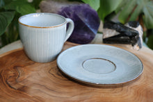 Load image into Gallery viewer, Handmade ceramic cup and saucer blue white pinstripe glaze