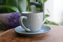 Load image into Gallery viewer, Handmade ceramic cup and saucer blue white pinstripe glaze