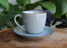 Load image into Gallery viewer, Handmade ceramic cup and saucer blue white pinstripe glaze