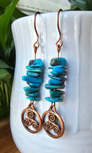 Load image into Gallery viewer, Turquoise chip Celtic copper earrings with triskele handmade