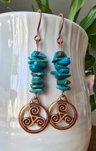 Load image into Gallery viewer, Naturl Turquoise and copper triskele earrings for communication