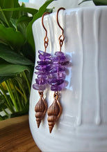 Load image into Gallery viewer, Natural Amethyst and copper shell earrings for calm and intuition
