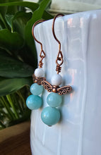 Load image into Gallery viewer, Natural Amazonite and Howlite earrings with copper wings