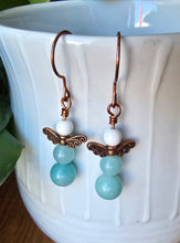 Load image into Gallery viewer, Handmade gemstone angel earrings with blue/green and white crystals