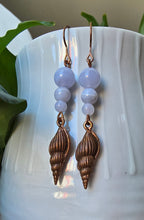 Load image into Gallery viewer, Throat chakra Blue Lace Agate shell dangle earrings