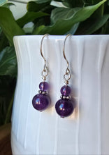 Load image into Gallery viewer, Crown chakra Amethyst bead earrings with silver hooks
