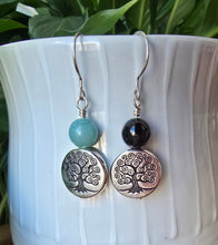 Load image into Gallery viewer, Grounding crystal earrings with silver tree charm