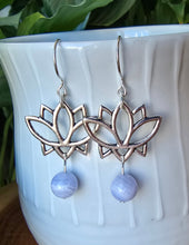 Load image into Gallery viewer, Throat chakra Blue Lace Agate lotus dangle earrings