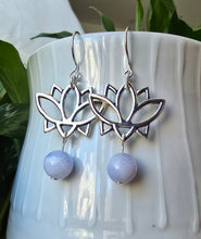 Load image into Gallery viewer, Natural Blue Lace Agate earrings with silver lotus charm