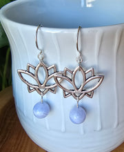 Load image into Gallery viewer, Natural Blue Lace Agate earrings with silver lotus charm